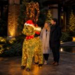 Standing illuminated holiday deer in a resort garden