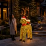 Standing illuminated holiday deer at a luxury mountain residence