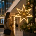 Gold seven-point star displayed in an upscale hotel atrium