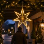 Gold seven-point star suspended at a covered hotel entrance