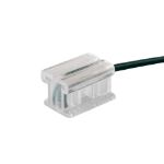 Clear universal wire end cap installed on green SPT wire