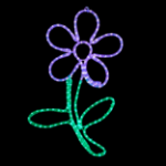 Illuminated purple and green LED rope light flower on black background
