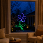 Purple LED rope light flower displayed in a residential window