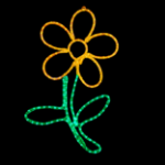 Illuminated yellow and green LED rope light flower on black background
