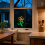 Yellow LED rope light flower displayed in a residential window