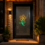 Yellow LED rope light flower displayed on a residential entry door