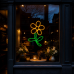 Yellow LED rope light flower displayed in a commercial storefront window