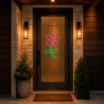 Pink LED rope light flower displayed on a residential entry door