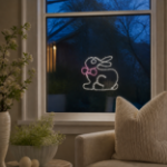 LED rope light Easter bunny displayed in a residential window