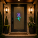 Purple LED rope light flower displayed at realistic scale on a residential entry door