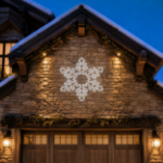 5 foot pure white LED snowflake mounted on the gable of a home