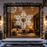 5 foot pure white LED snowflake hung in a residential window