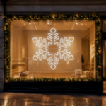 5 foot pure white LED snowflake displayed in a commercial storefront window