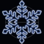 5 foot blue and pure white LED snowflake lit against a night sky