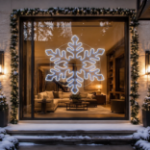 5 foot blue and pure white LED snowflake hung in a residential window