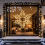 5 foot warm white LED snowflake hung in a residential window