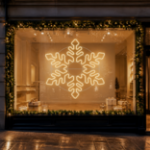 5 foot warm white LED snowflake displayed in a commercial storefront window
