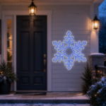 36 inch LED snowflake mounted beside a residential front door