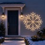 48 inch warm white LED snowflake mounted beside a residential front door