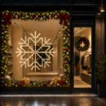 48 inch warm white LED snowflake displayed in a commercial storefront window