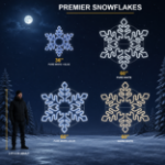 Premier LED snowflake size guide comparing the 36 inch and 5 foot models beside a 5 foot 8 adult