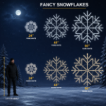 Fancy LED snowflake size guide comparing the 24 inch, 48 inch and 60 inch models beside a 5 foot 8 adult