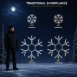 Traditional LED snowflake size guide comparing the 15 inch and 36 inch models beside a 5 foot 8 adult