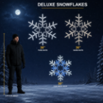 Deluxe LED snowflake size guide comparing the 30 inch and 36 inch models beside a 5 foot 8 adult