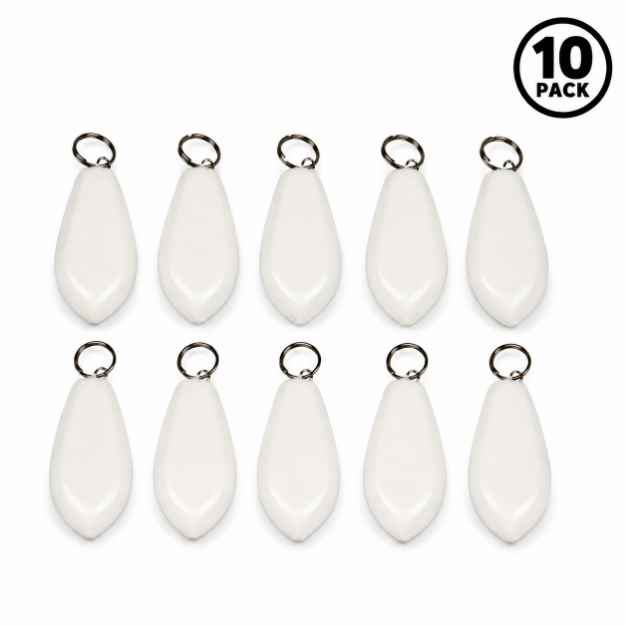 Ten white rubber-coated light string weights with split keyrings, 10 pack
