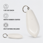 Feature callouts showing 1.92 oz weight, white rubber coating and included split keyring