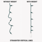 Side-by-side comparison of a light drop hanging in a zig-zag without a weight and straight with a weight