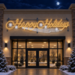 19 ft Happy Holidays script display lit in warm white on a retail storefront facade at night with snow-covered trees
