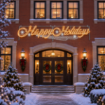 Happy Holidays script light display mounted on a brick building entrance decorated with wreaths and lit Christmas trees