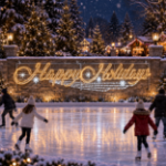 Happy Holidays script display on a stone wall above an outdoor ice rink with skaters at night