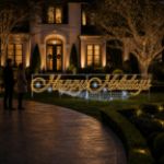 Happy Holidays script display on a lawn beside an estate driveway at night with a couple looking at the lit sign