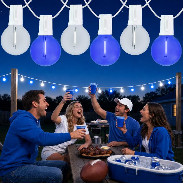 Blue and Pure White LED filament G40 globe string lights glowing over an outdoor game day gathering
