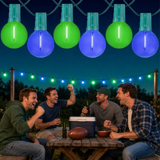 Green and Blue LED filament G40 globe string lights glowing over an outdoor game day gathering