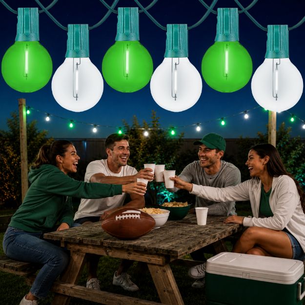 Green and Pure White LED filament G40 globe string lights glowing over an outdoor game day gathering