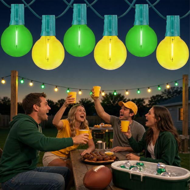 Green and Yellow LED filament G40 globe string lights glowing over an outdoor game day gathering