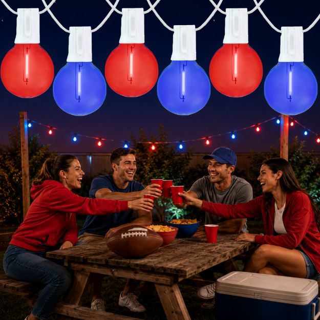 Red and Blue LED filament G40 globe string lights glowing over an outdoor game day gathering