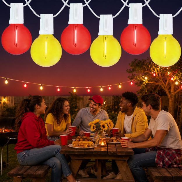 Red and Yellow LED filament G40 globe string lights glowing over an outdoor game day gathering