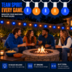 Blue and Orange G40 globe string lights hanging over a backyard fire pit gathering