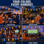 The Blue and Orange G40 set shown at a tailgate, a backyard table, a sports bar patio and a game room