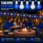 Blue and Pure White G40 globe string lights hanging over a backyard fire pit gathering