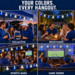 The Blue and Pure White G40 set shown at a tailgate, a backyard table, a sports bar patio and a game room