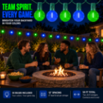 Green and Blue G40 globe string lights hanging over a backyard fire pit gathering