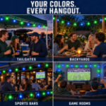The Green and Blue G40 set shown at a tailgate, a backyard table, a sports bar patio and a game room