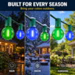 Green and Blue G40 bulbs shown outdoors in rain, snow and sunshine