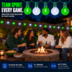 Green and Pure White G40 globe string lights hanging over a backyard fire pit gathering