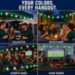 The Green and Pure White G40 set shown at a tailgate, a backyard table, a sports bar patio and a game room